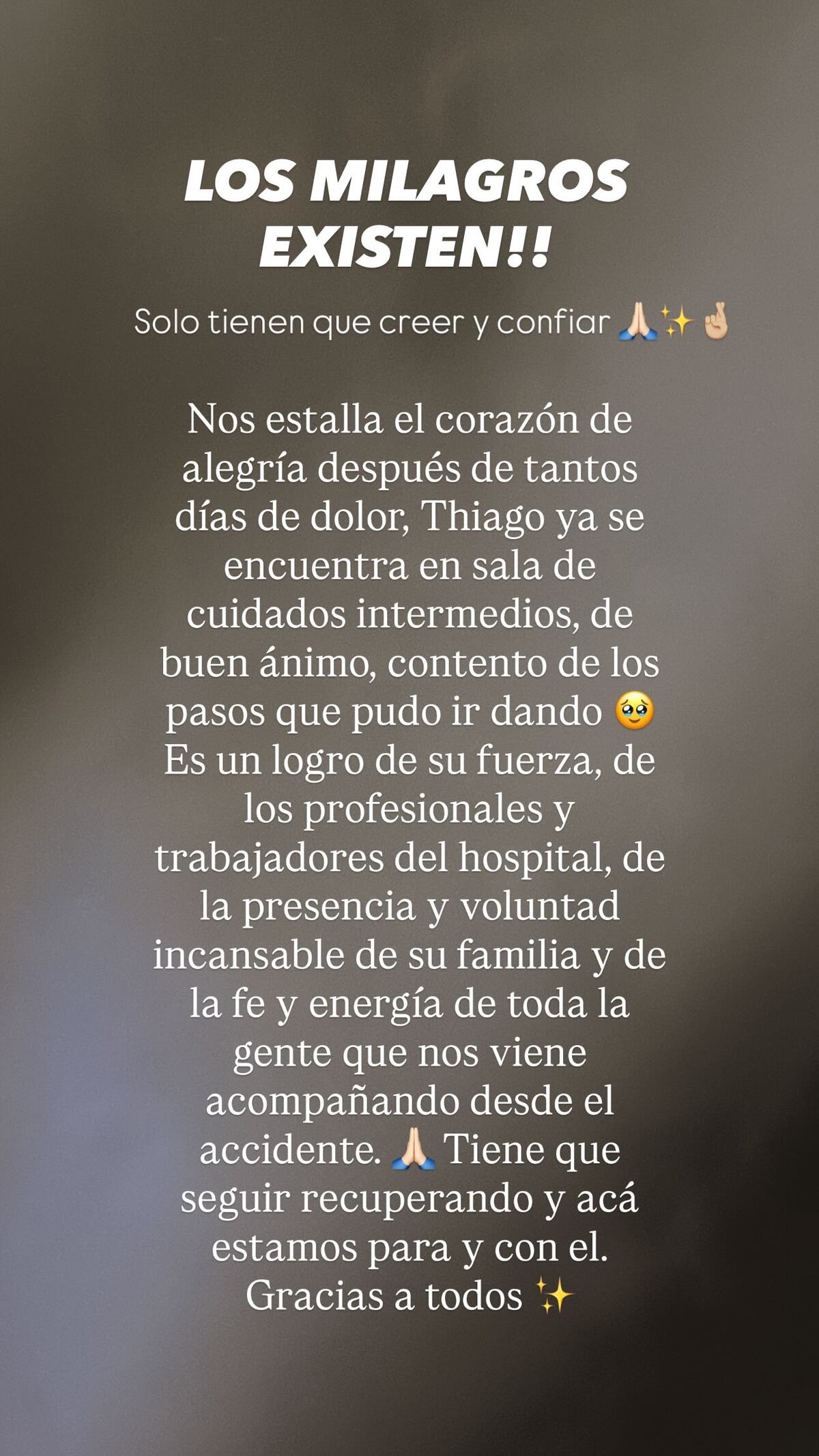 El mensaje de Daniela celis tras la salida de terapia intensiva de Thiago Medina. (Instagram @danielacelis01).