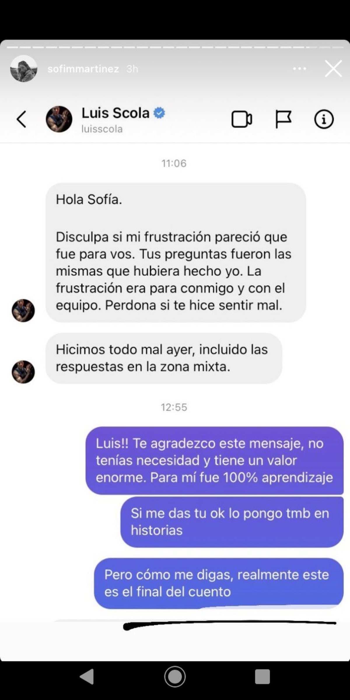 Las disculpas del Scola a la periodista. (Captura).