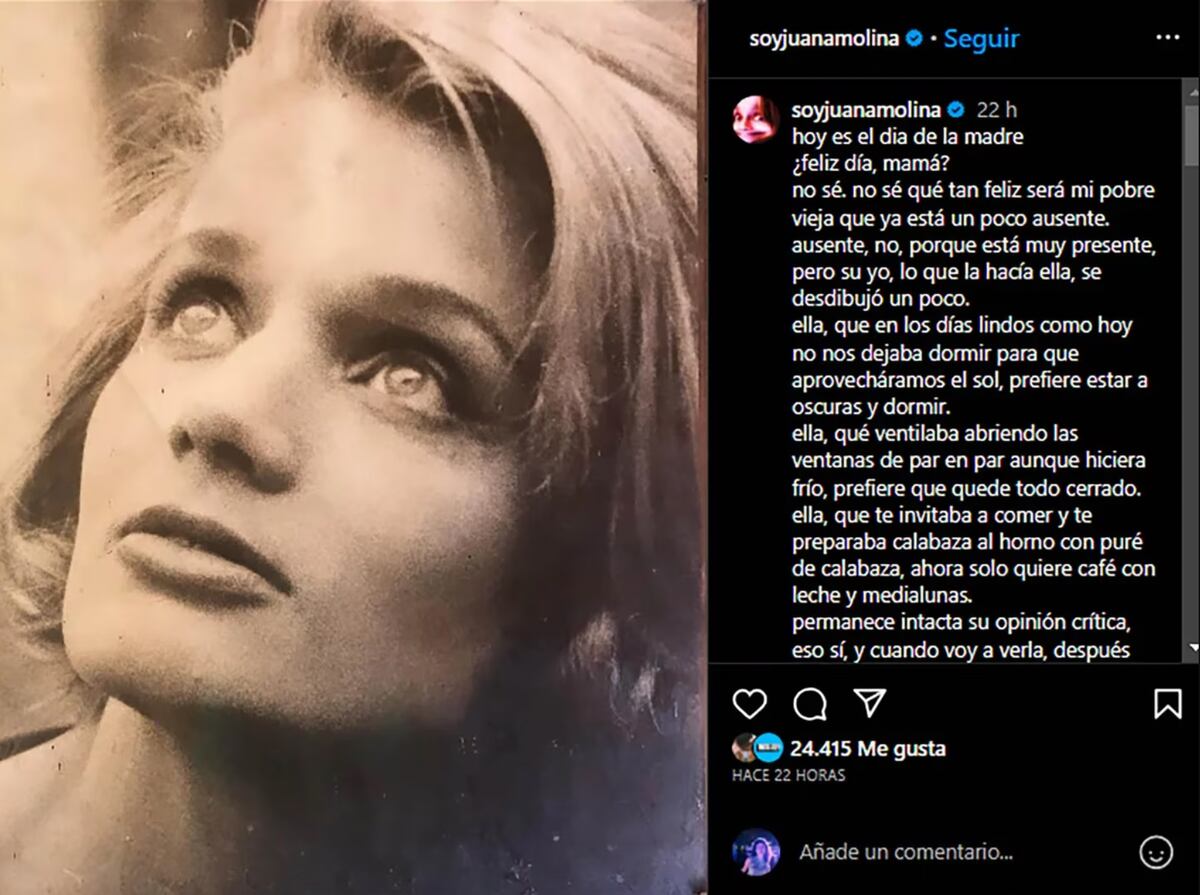 La publicación de Instagram de Juana Molina donde habló sobre la salud de su madre, Chunchuna Villafañe. (Fuente: captura de pantalla)