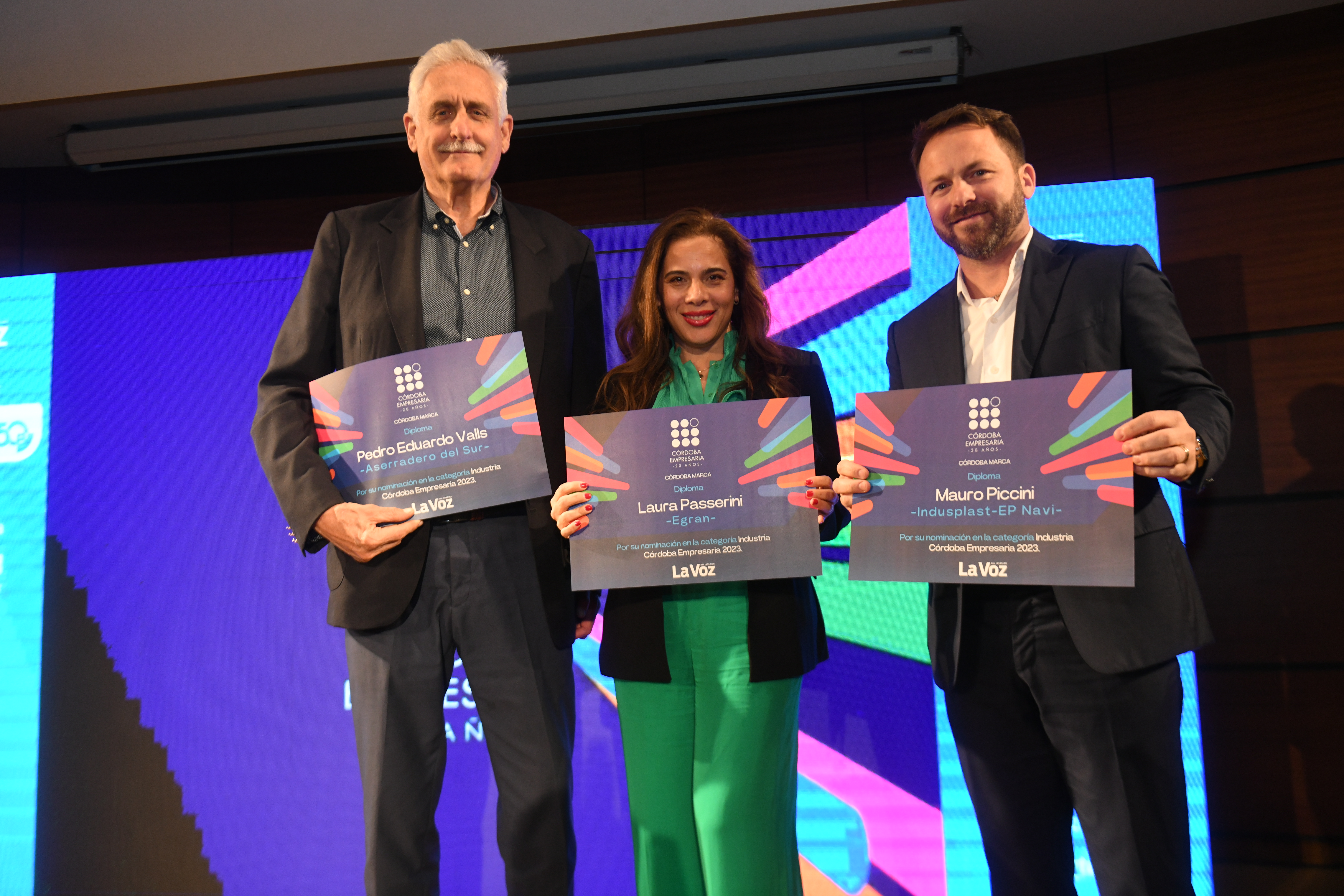 Pedro Eduardo Valls (Aserradero del Sur), Laura Passerini (Egran) y Mauro Piccini (Indusplast- EP Navi) integran la terna de Industria del Córdoba Empresaria 2023. (Javier Ferreyra / La Voz)