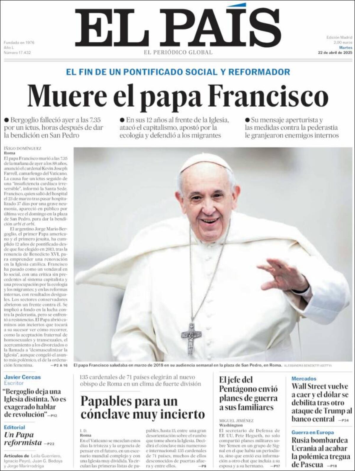 Las tapas de los diarios de Argentina y el mundo por la muerte del papa Francisco.