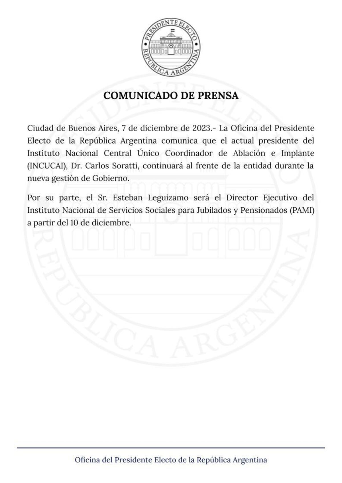 Comunicado de la oficina de prensa de Javier Milei sobre el Pami.