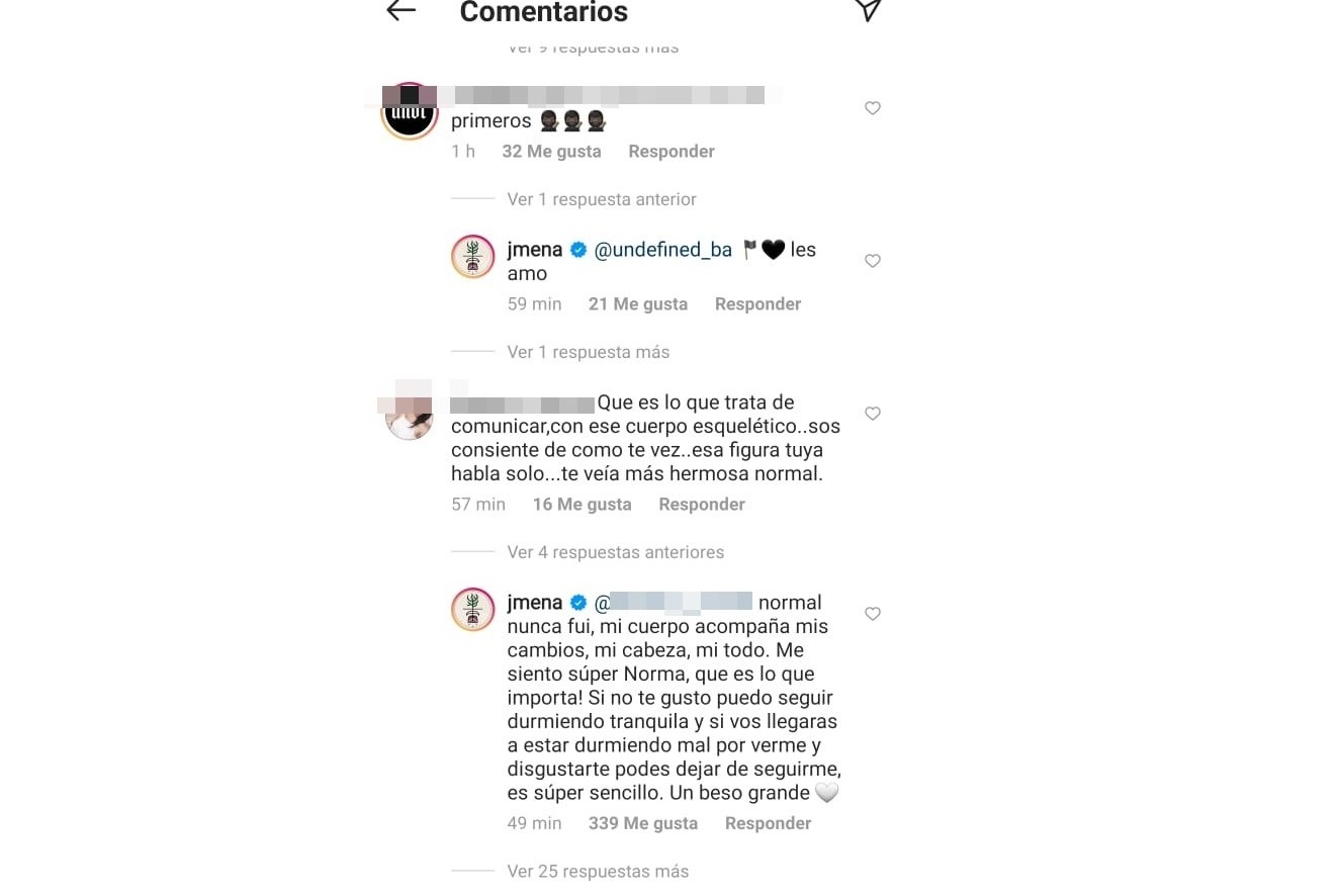 Los comentarios cruzados entre Barón y la seguidora que le señaló su "cuerpo esquelético" (Gentileza Ciudad Magazine).