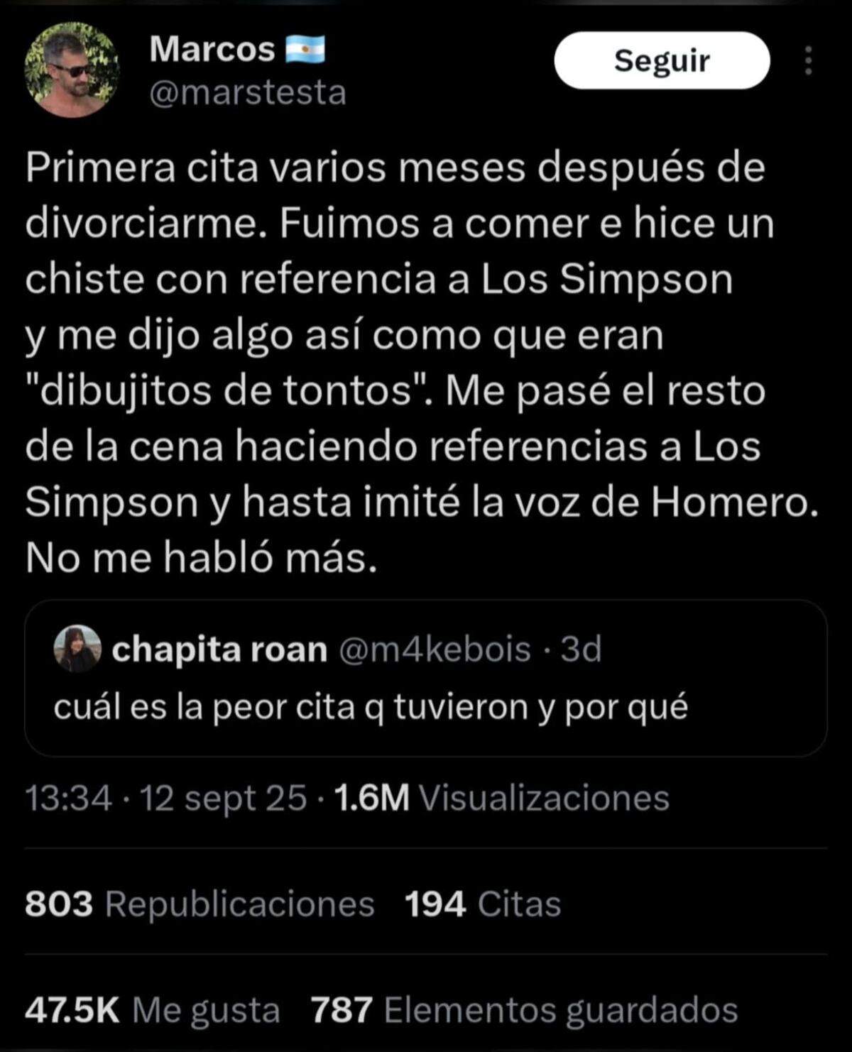 Un usuario de X se viralizó al contar cómo tuvo una cita fallida tras hacer una referencia de Los Simpson.