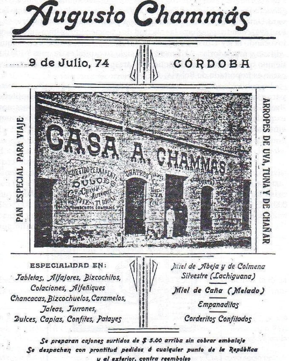 Publicidad de la "Casa A. Chammas" en calle 9 de Julio, 74. Esta pequeña fábrica artesanal de dulces creció hasta convertirse en una marca emblemática de Córdoba.