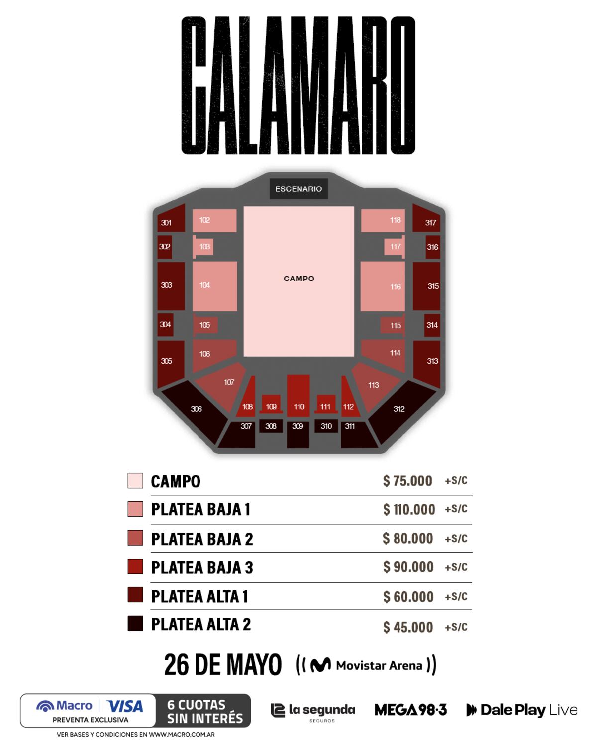 Precios y ubicaciones para el show de Andrés Calamaro en el Movistar Arena el 26 de mayo.