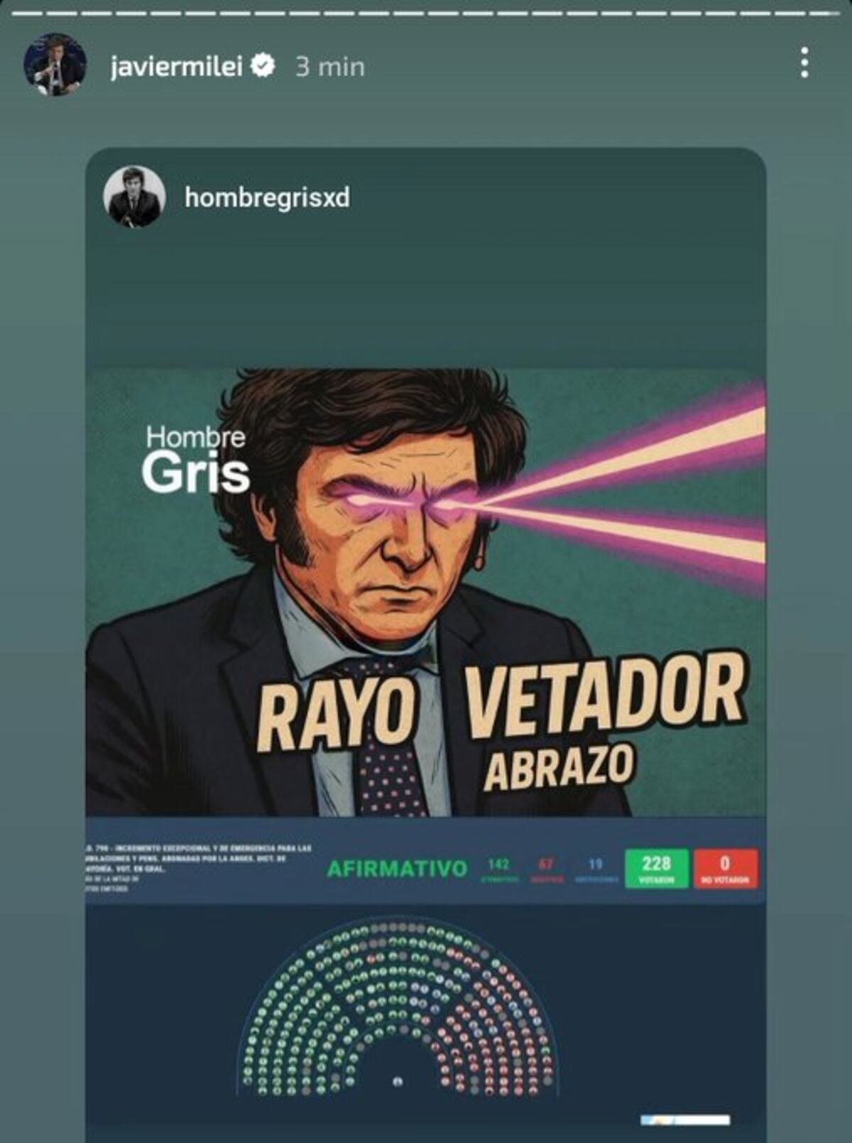 El meme que compartió Milei tras la media sanción en Diputados (Instagram).