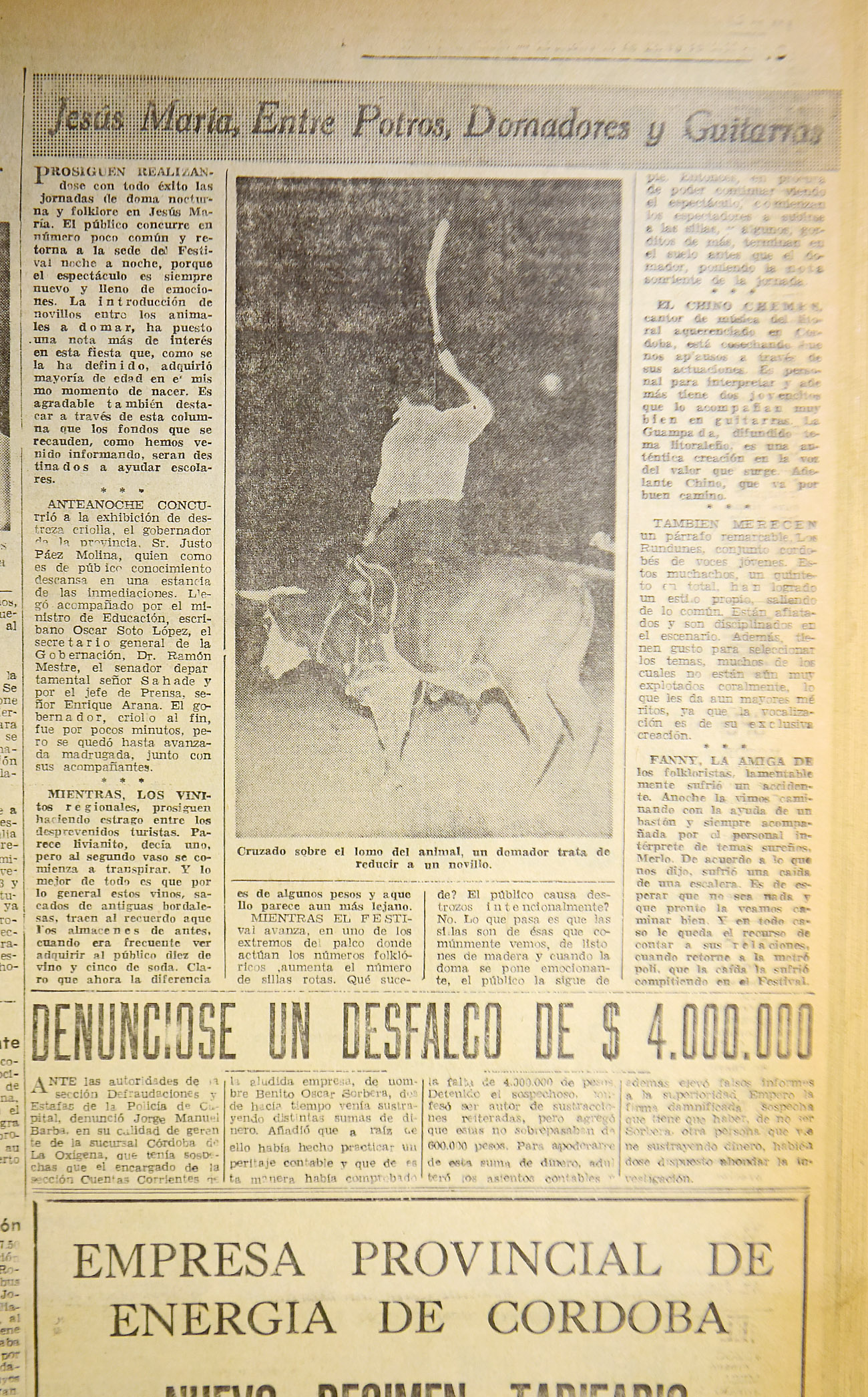 El 12 de enero, "La Voz" destaca el éxito de la primera edición del festival. En la foto, una curiosidad para los tiempos actuales: un jinete sobre el lomo de un novillo. (Archivo La Voz).