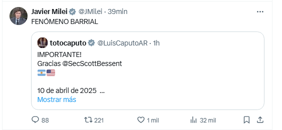 Posteo en X de Javier Milei anunciando visita del secretario del Tesoro de EE.UU.