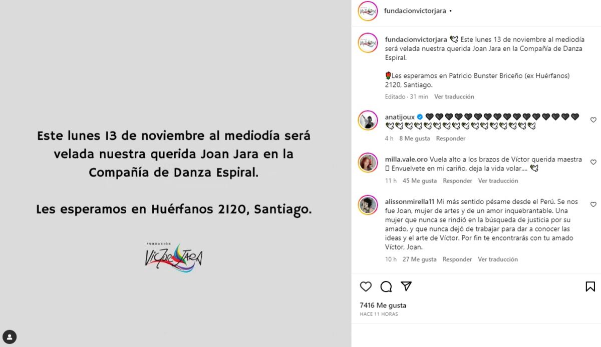 Murió Joan Jara, la esposa del cantautor chileno Victor Jara (Captura de pantalla)