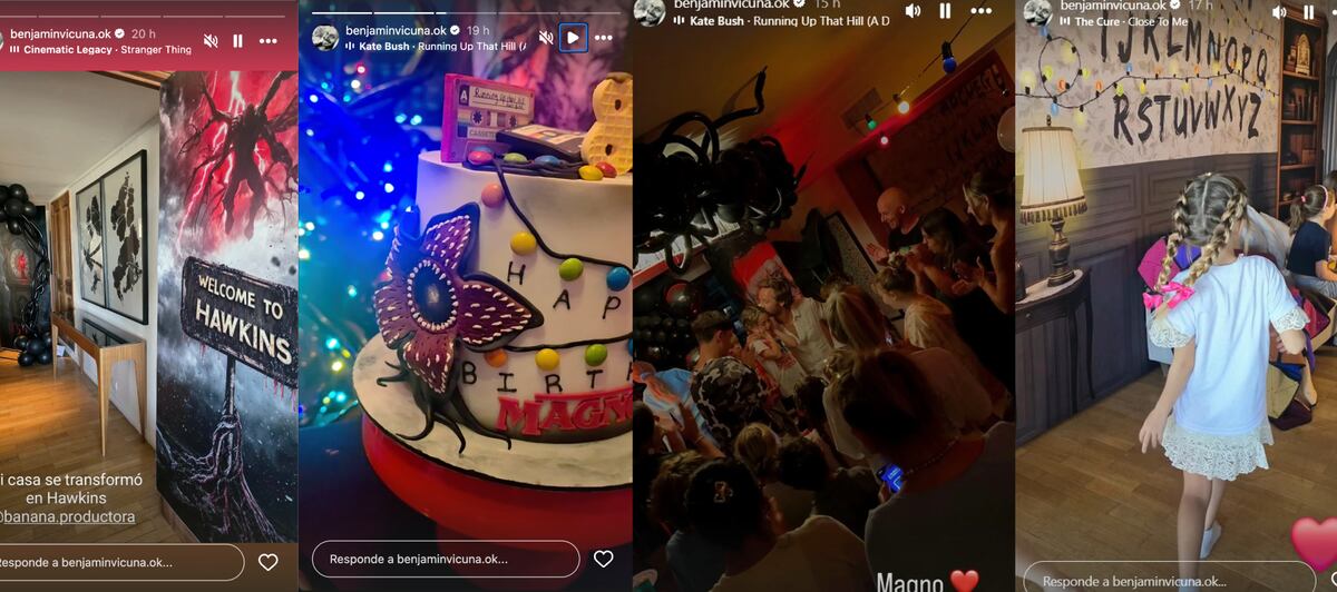 Las fotos que compartió Benjamín Vicuña en su cuenta de Instagram de la celebración del cumpleaños número 8 de Magnolia, ambientado en "Strager Things". (Fotos: captura de pantalla)