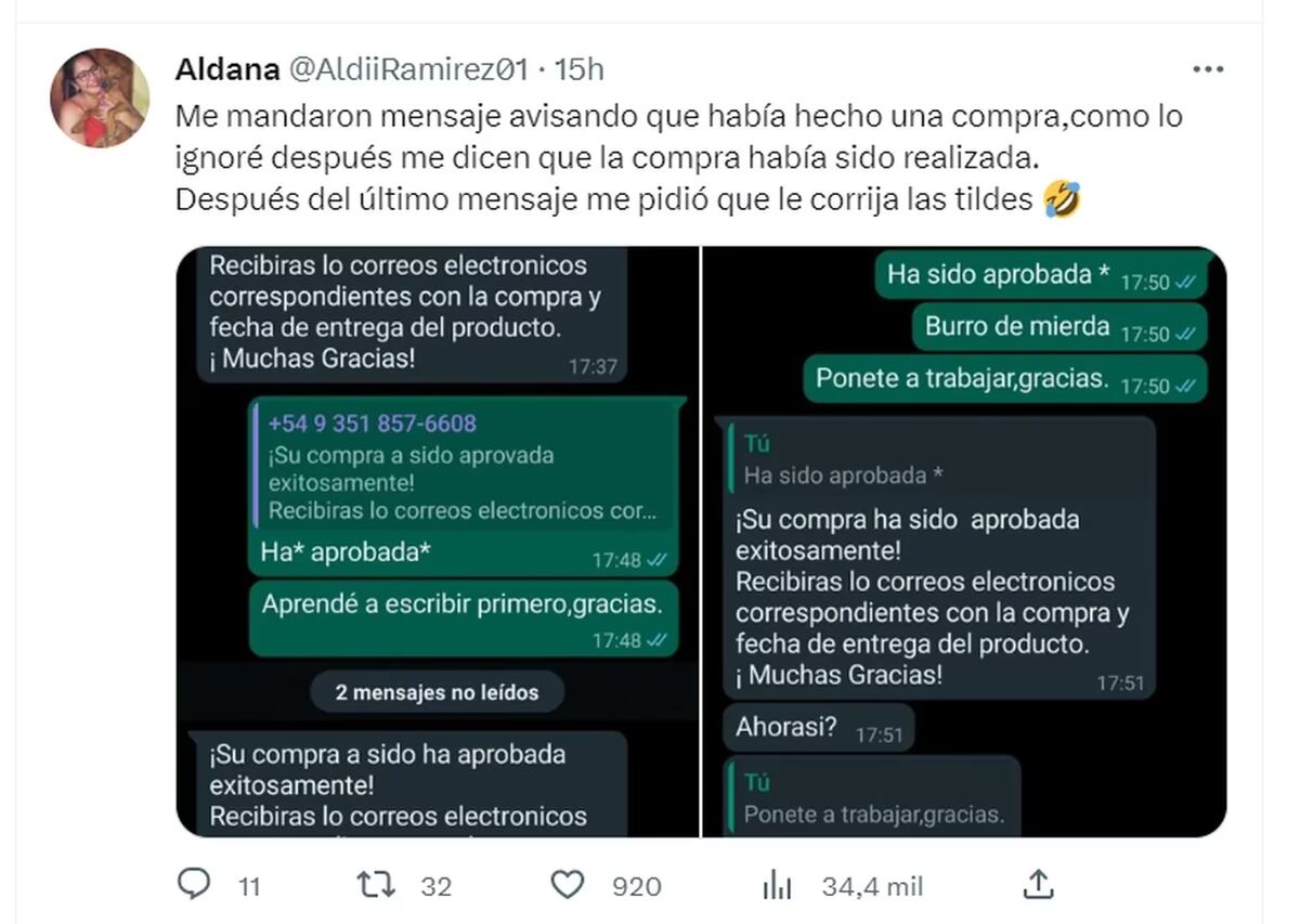 Una joven sufrió un intento de estafa y la conversación se volvió viral en Twitter. (Captura)