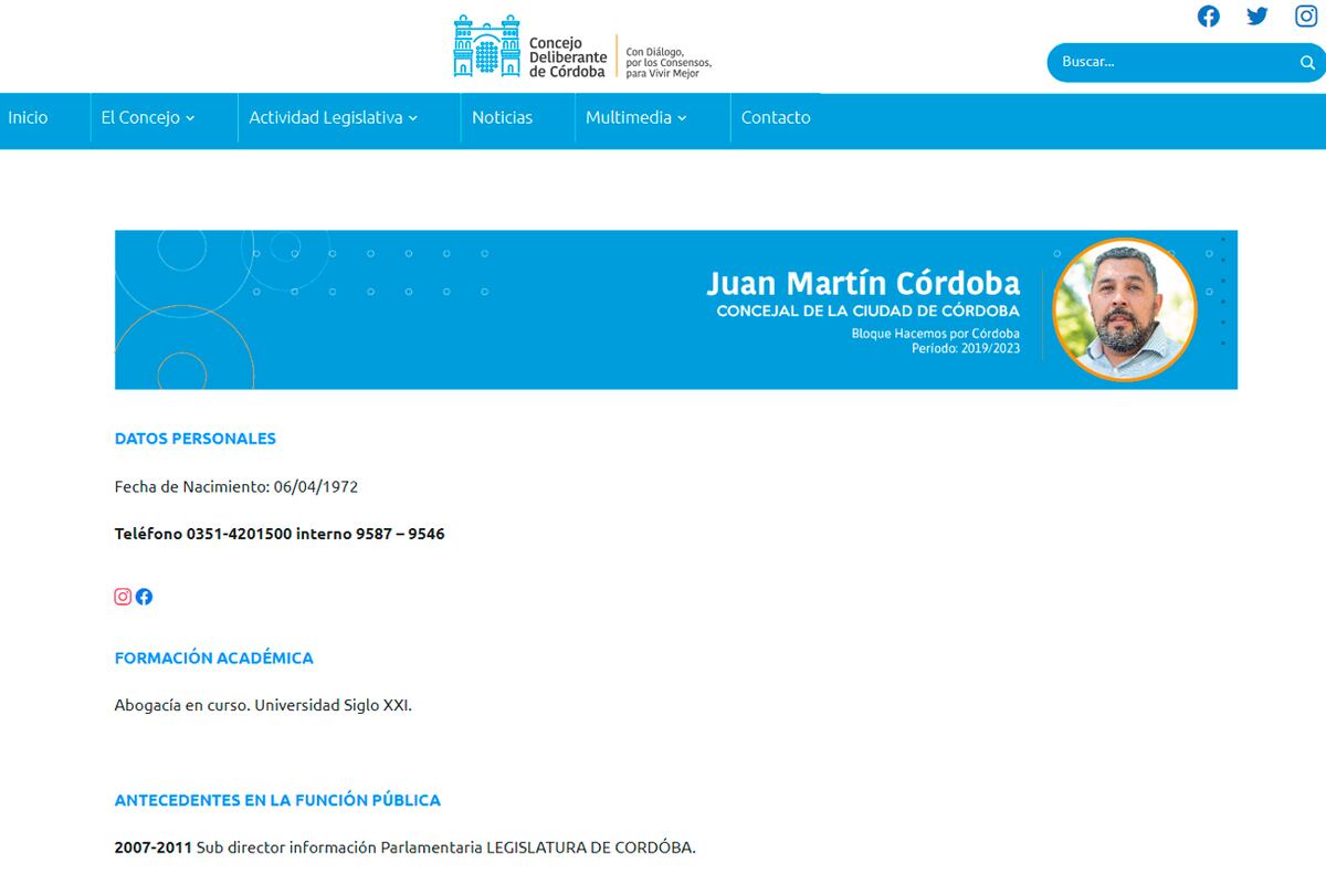 Juan Martín Córdoba tiene bajo perfil en el Concejo. Esta es su presentación en la página oficial.