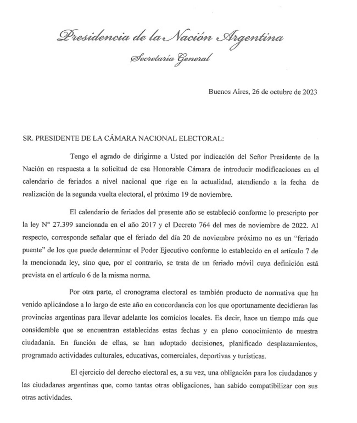 Confirmado. El Gobierno no trasladará el feriado del 20 noviembre por el balotaje.