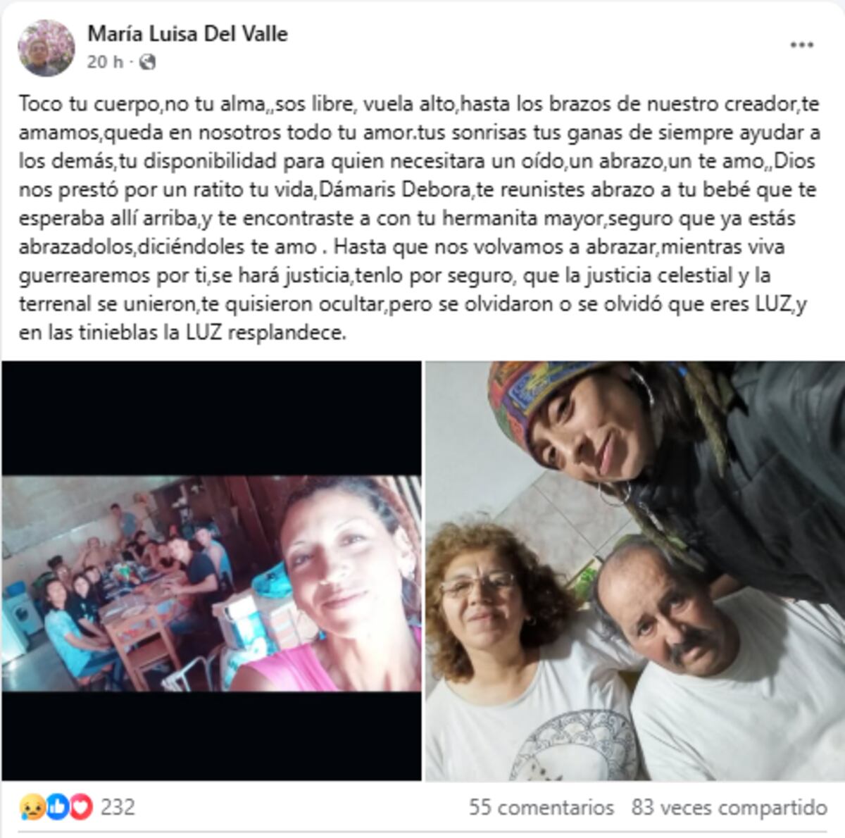 El posteo en Facebook de la mamá de Débora Bulacio