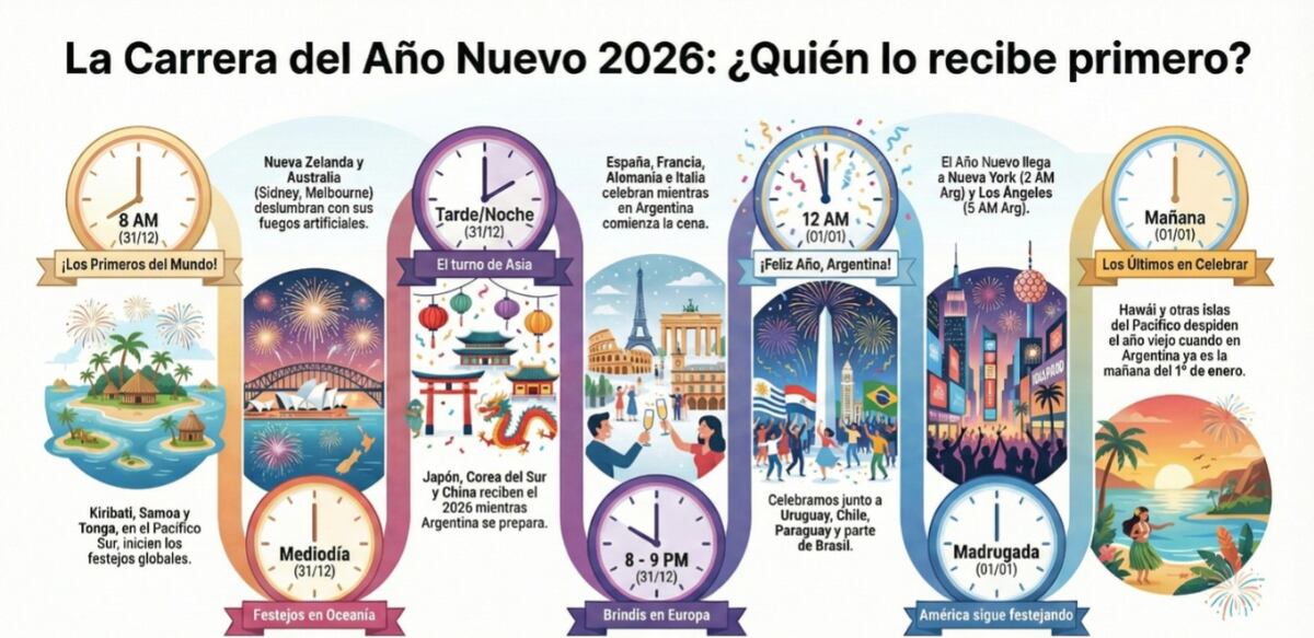 Quiénes reciben primero y quiénes últimos el Año Nuevo: el mapa del festejo según la hora argentina.
