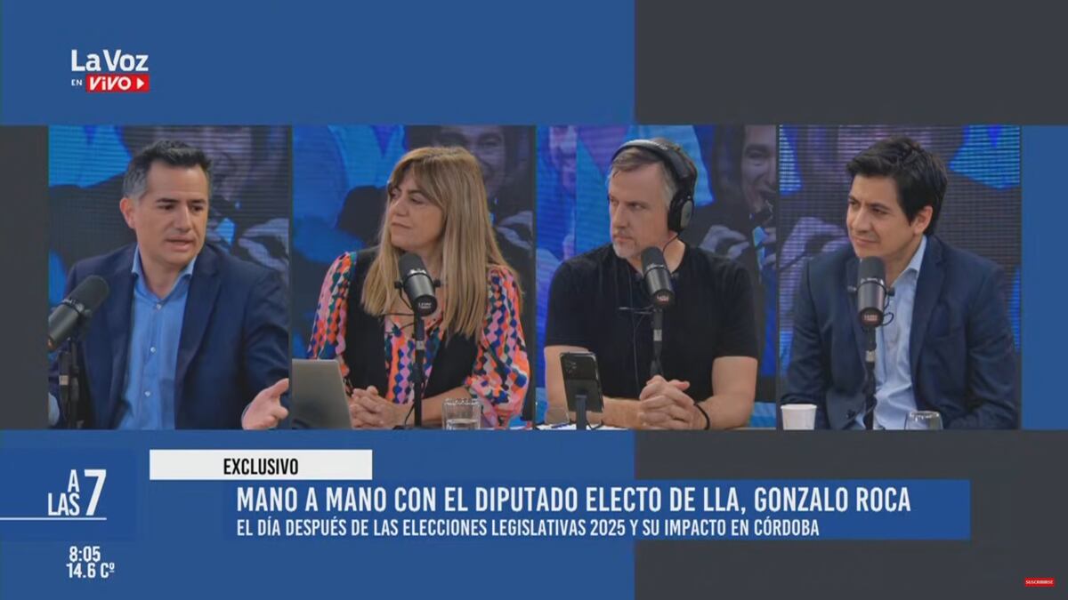 Gonzalo Roca, diputado electo por LLA y Gabriel Bornoroni, titular del partido en Córdoba, en La Voz en Vivo en la mañana siguiente a su triunfo electoral.
