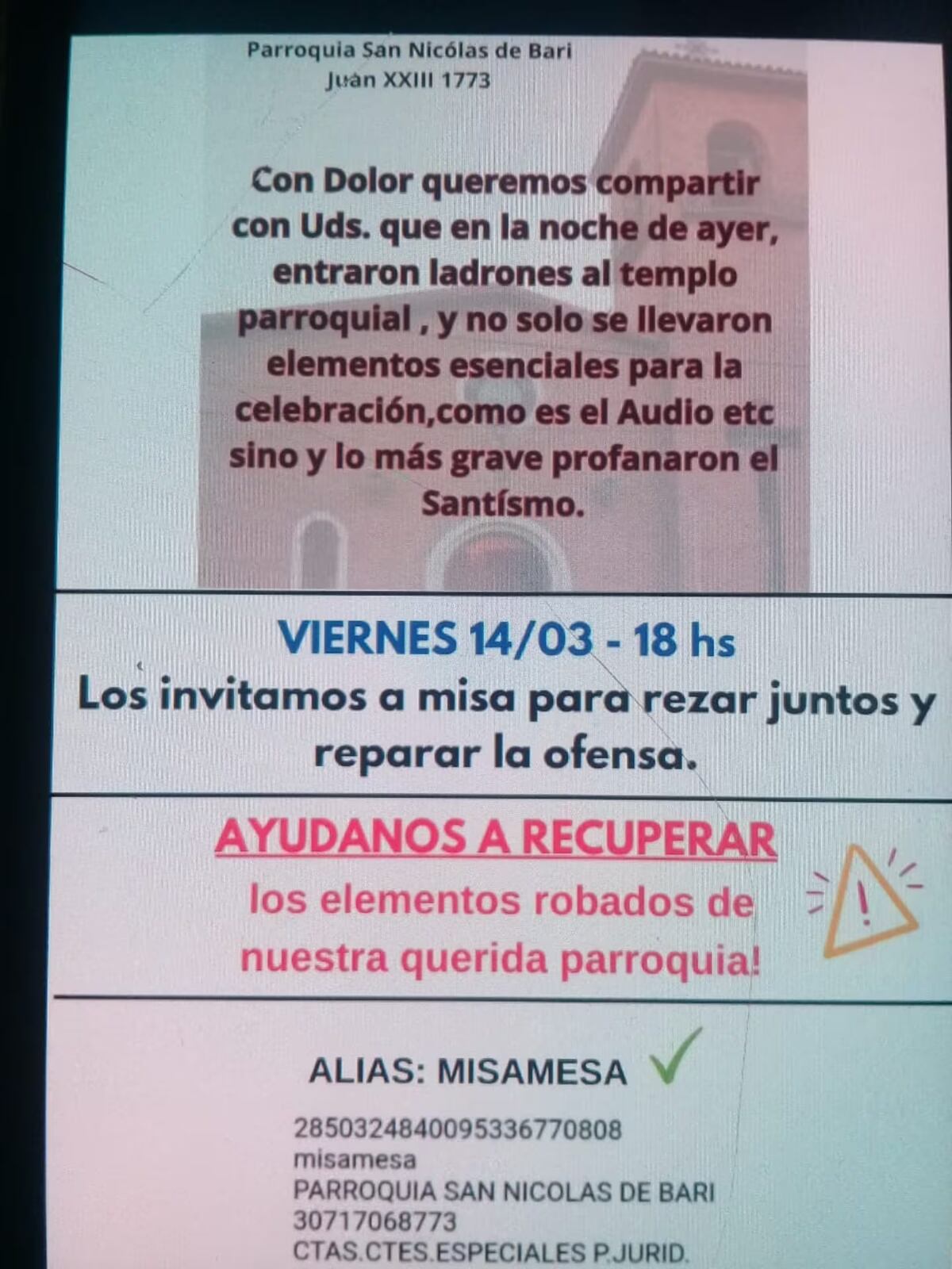 El comunicado de los feligreses de la parroquia asaltada en Córdoba. (Gentileza El Doce)