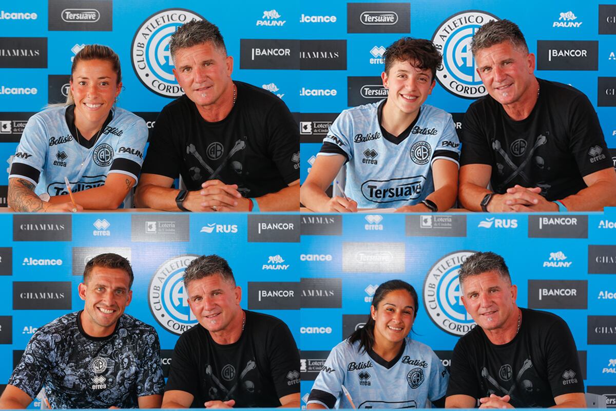 Firma de contratos (de izquierda a derecha y de arriba hacia abajo) Mayra Acevedo, Sabrina Maldonado, el DT Maxi Luján y Romina "Pepa" Gómez. (Foto: Club Atlético Belgrano)