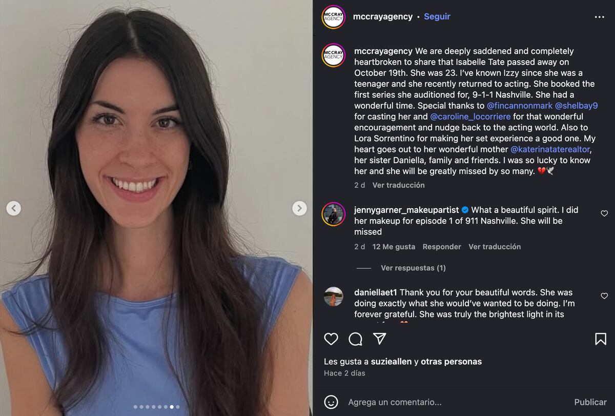 La agencia McCray Agancy anunció el fallecimiento de Izzy Tate. (Foto: Captura de pantalla)
