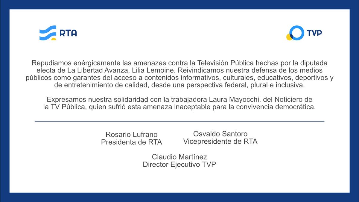 Buenos Aires. El comunicado de la TV Pública tras los dichos de la diputada electa Lilia Lemoine.