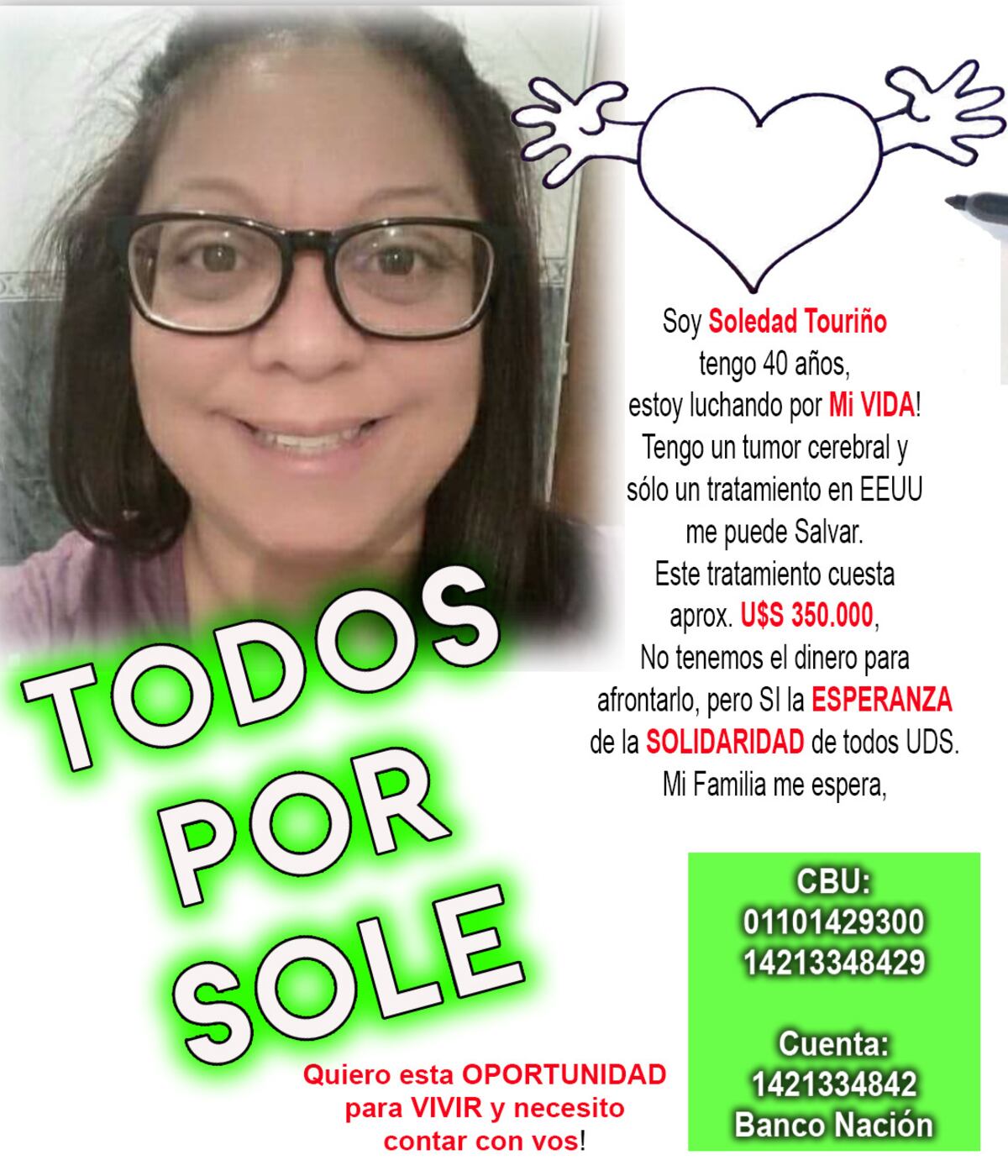 Soledad Touriño, cordobesa de 40 años, necesita un tratamiento en Estados Unidos para luchar contra un tumor cerebral. (Gentileza familia Touriño)