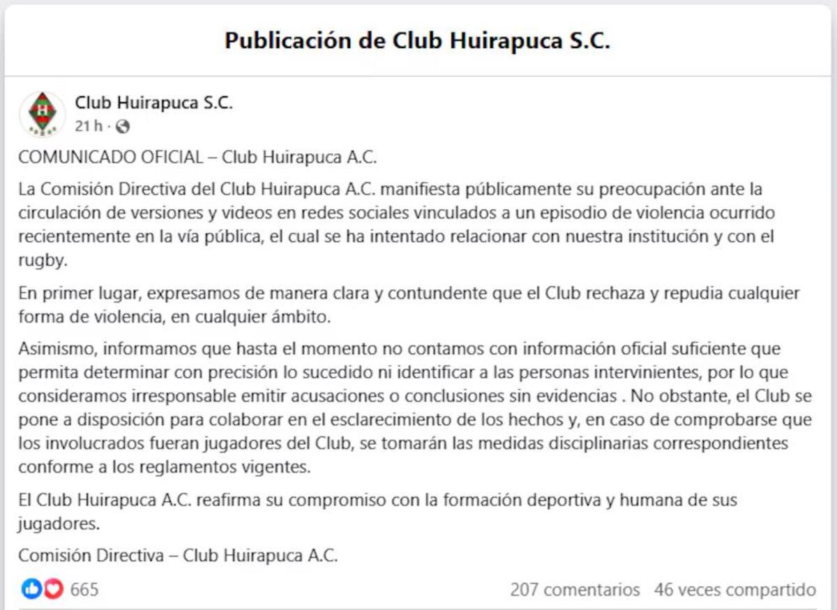 El comunicado del Club Huirapuca.