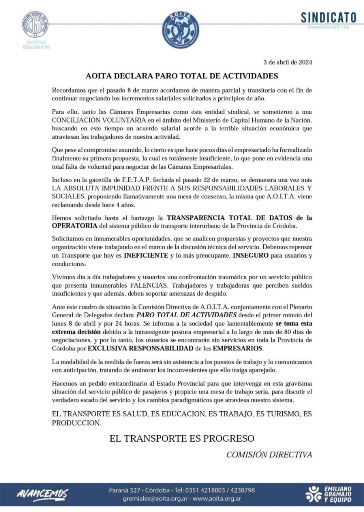 El comunicado completo de la Aoita.