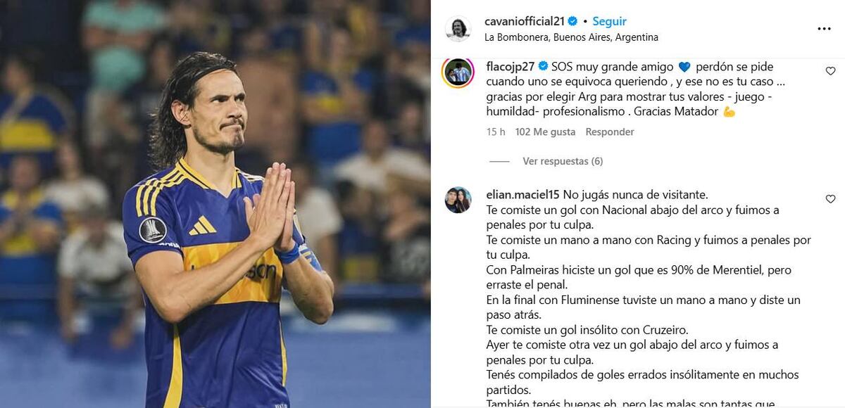 El apoyo de Pastore para Edinson Cavani (Instagram)