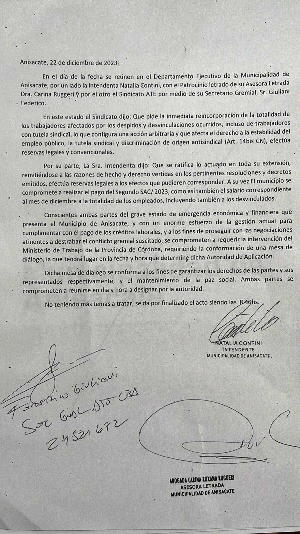 El acta firmada por ATE y la intendenta de Anisacate.