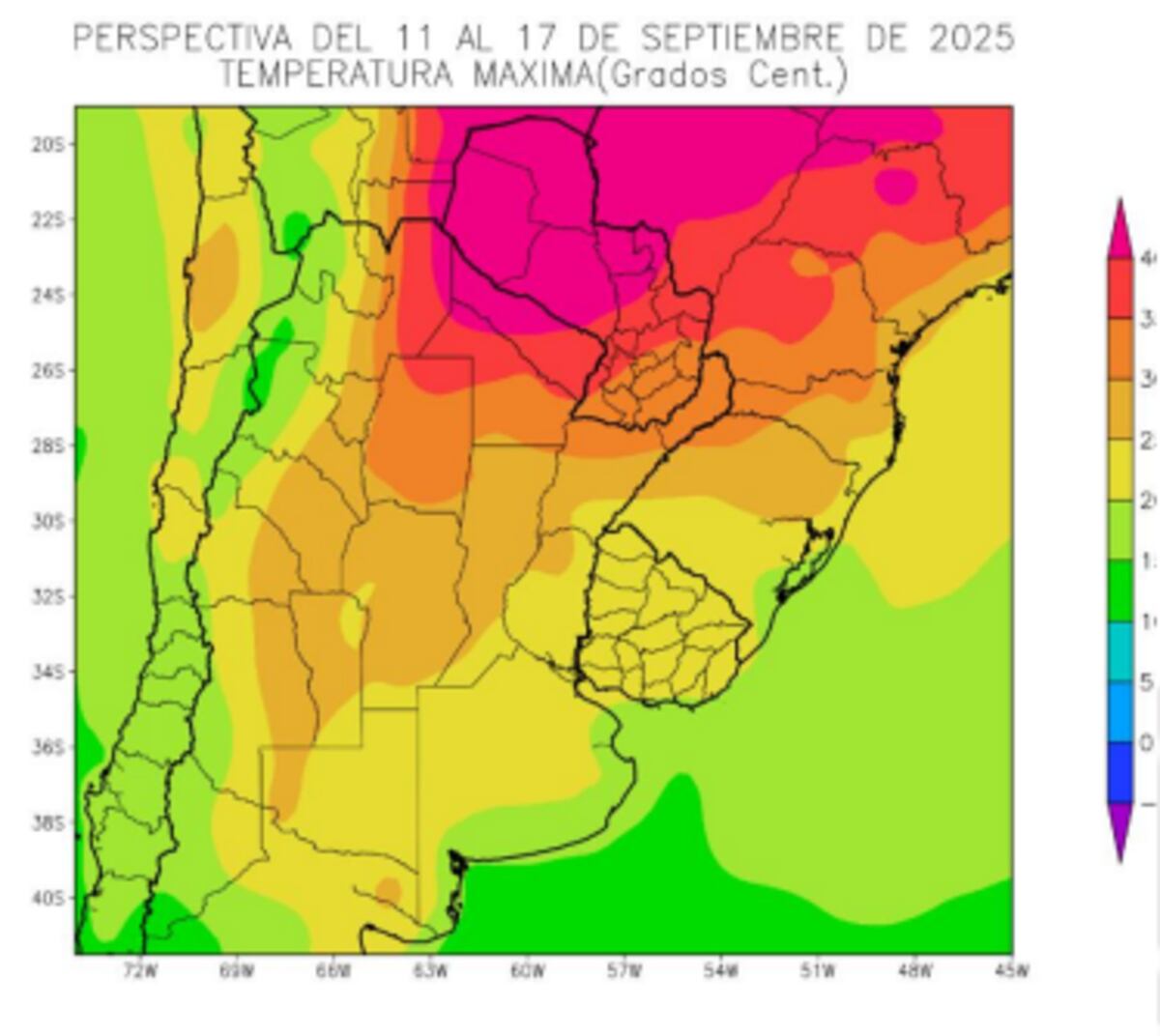 PERSPECTIVA AGROCLIMÁTICA. Mapa de temperaturas máximas del 11 al 17 de septiembre (Gentileza Bolsa de Cereales)