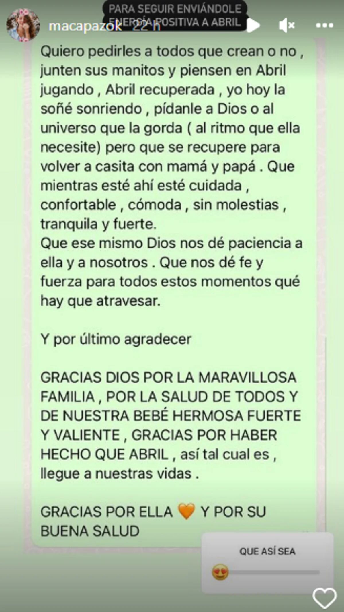 El comunicado de Macarena Paz pidiendo a sus seguidores que recen por la salud de su hija Abril.