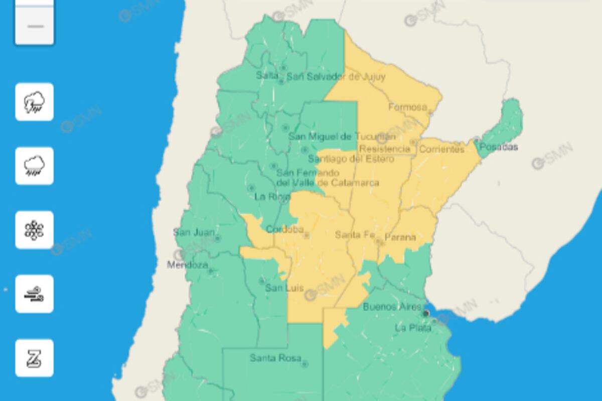 Alerta amarilla para este sábado 12 de noviembre. (Servicio Meteorológico Nacional)