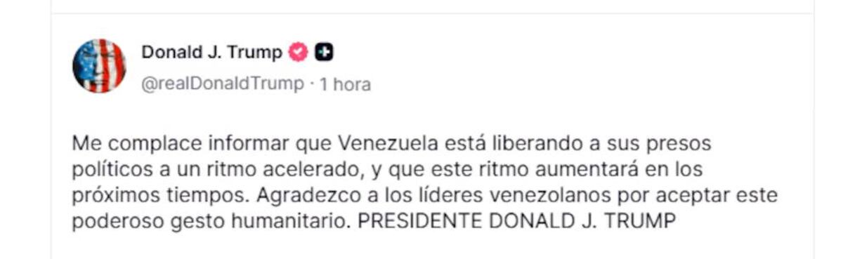Donald Trump dijo que el régimen de Venezuela aceleró la liberación de presos políticos. (Truth Social: Donald Trump)