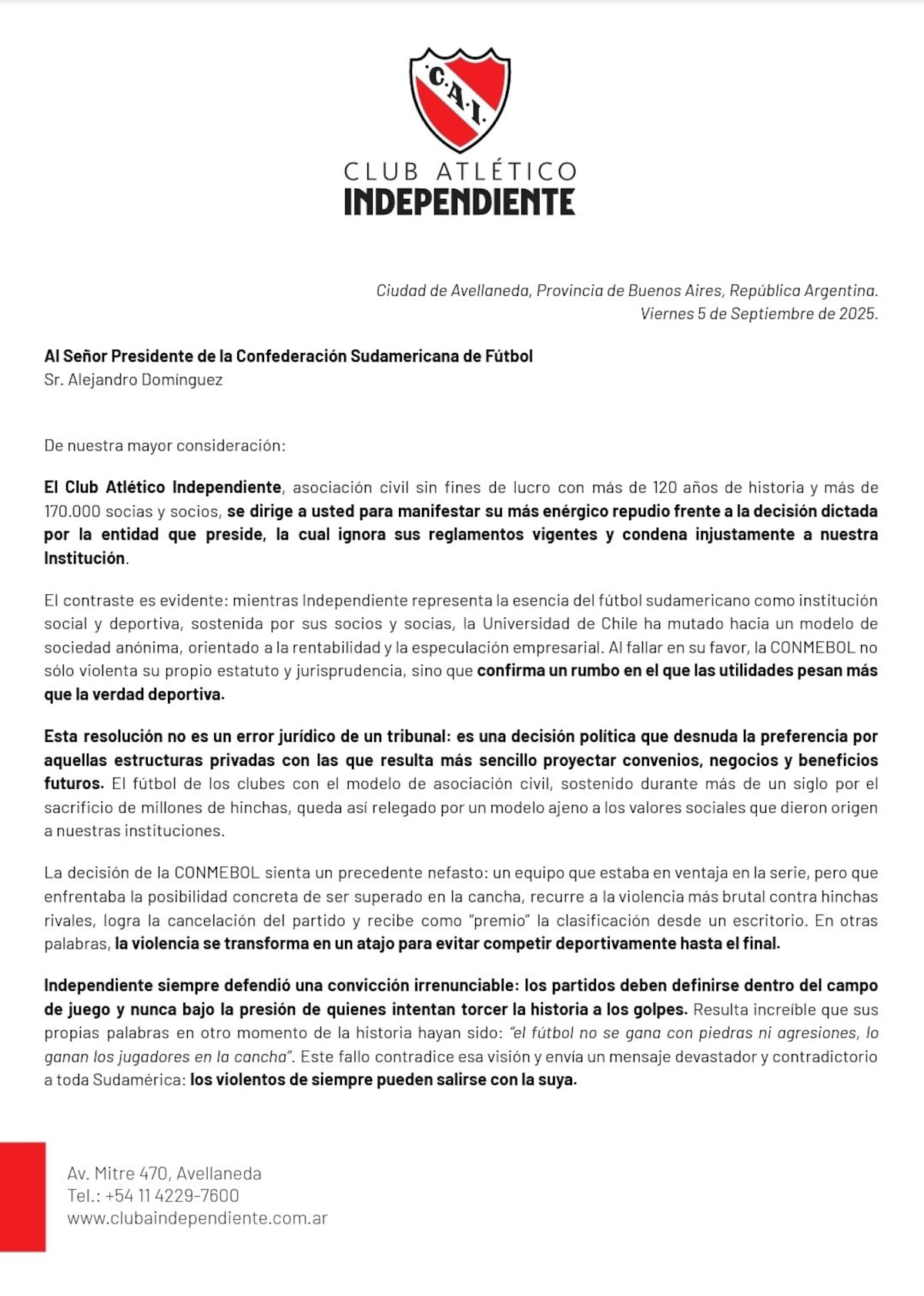 Durísimo comunicado de Independiente.
