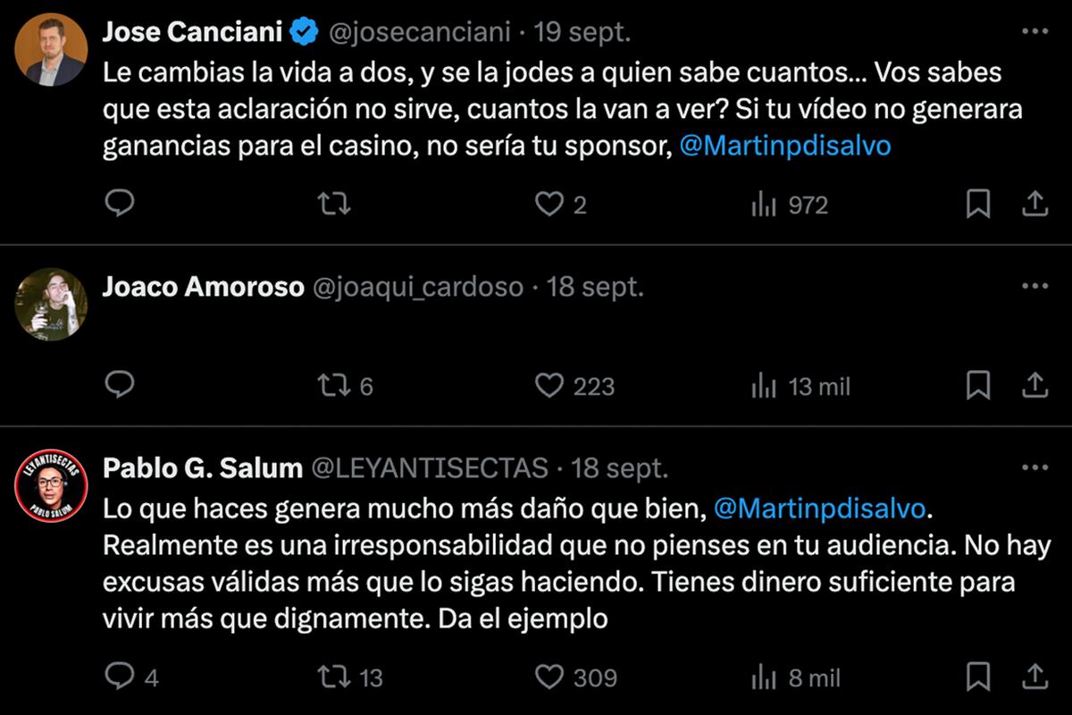 Algunas de las críticas que recibió Coscu por defender ser patrocinado por casinos online. (Foto: captura de pantalla)