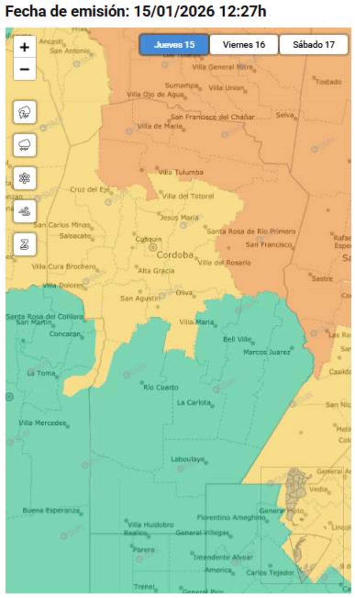 Clima. Alerta amarilla y naranja por tormenta para este jueves 15 de enero. (SMN)