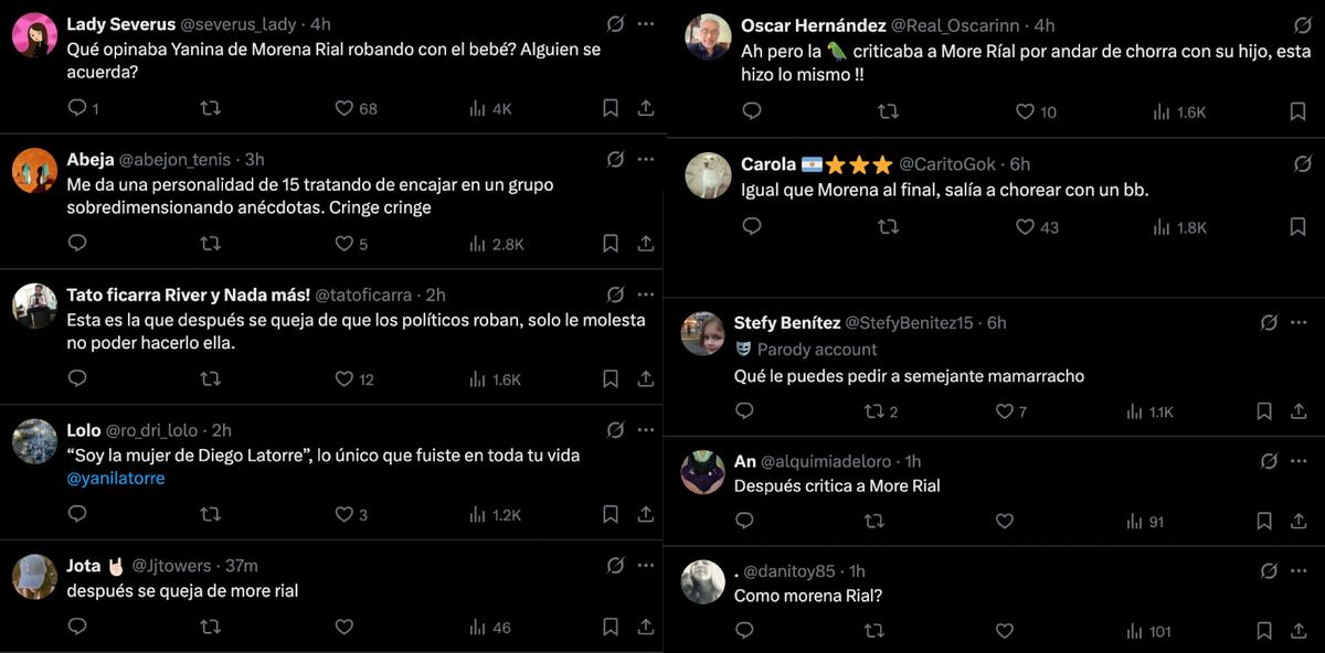 Los comentarios en X que compararon la anécdota de Yanina con la situación de More Rial y la criticaron por la doble vara. (Foto: Captura de pantalla)