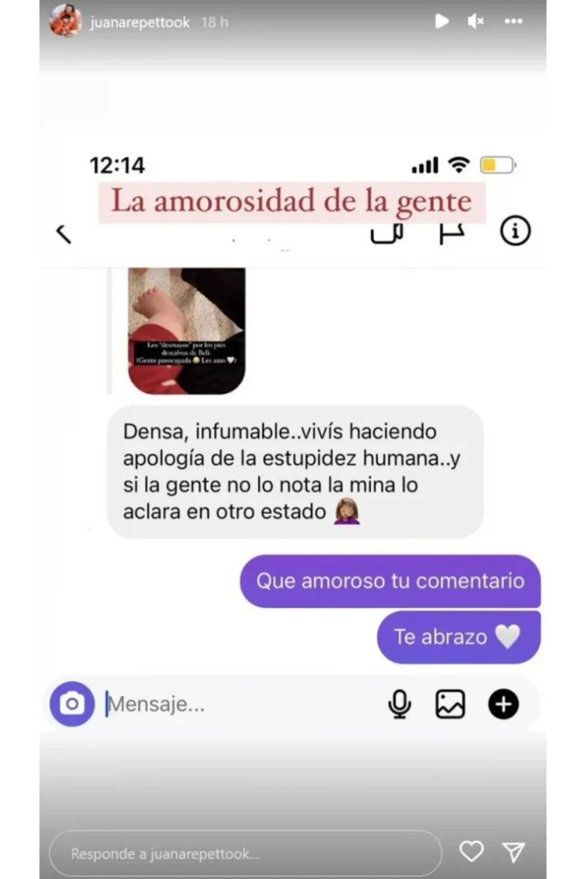 La conversación que Juana mantuvo con su "hater".