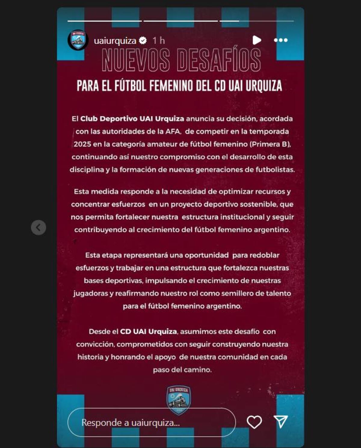El comunicado de UAI Urquiza pidiendo descender (Instagram)
