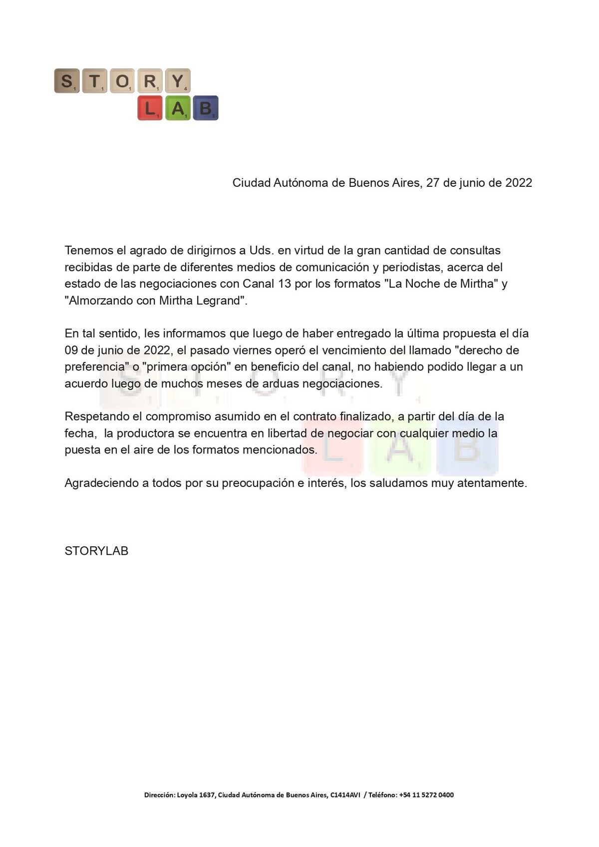 Mirtha Legrand quedó afuera de El Trece y lo anunció mediante un comunicado (Captura de pantalla).