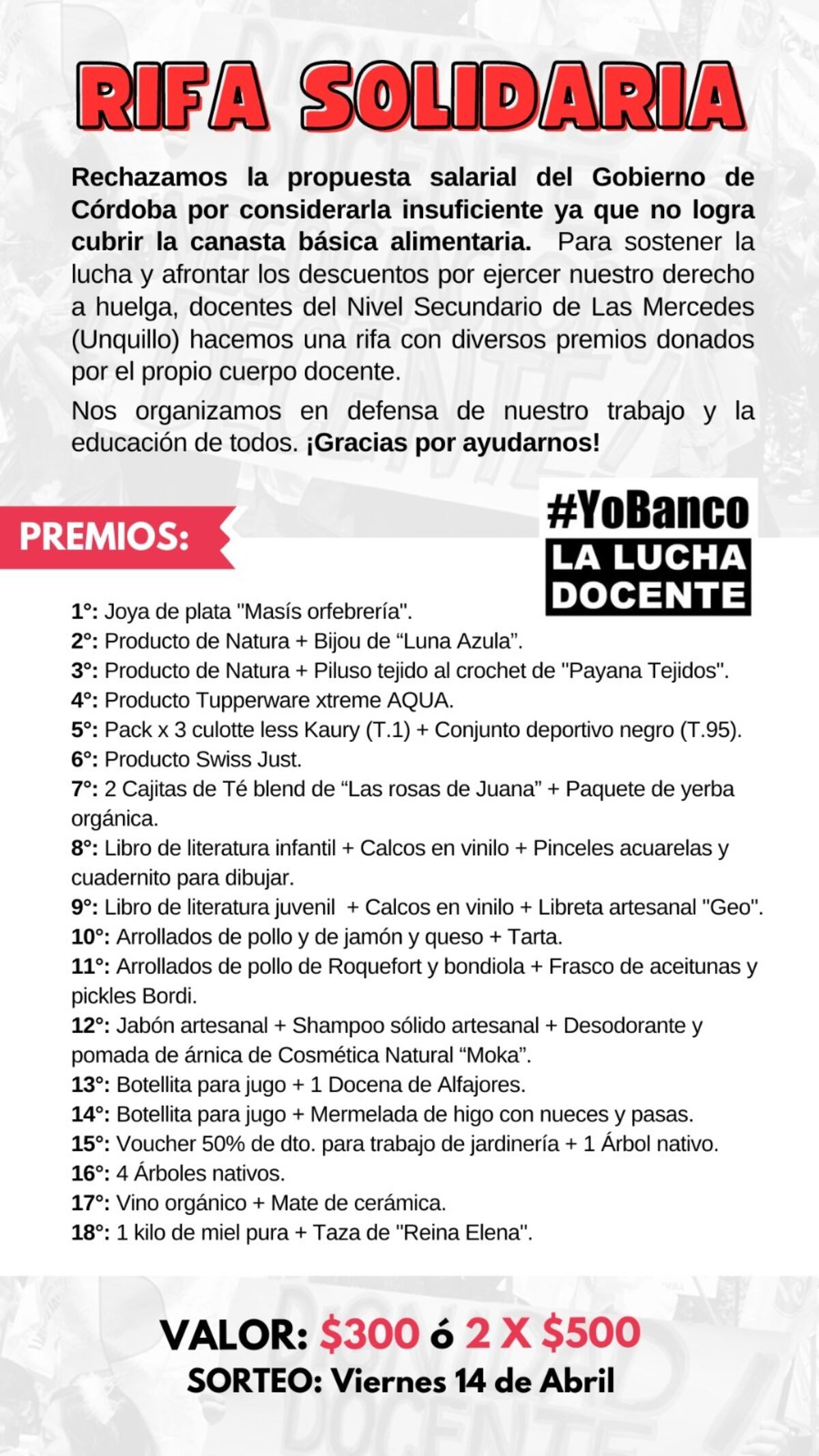 Los docentes del secundario de una escuela de Unquillo organizaron una rifa solidaria para afrontar los descuentos por los días de paro.