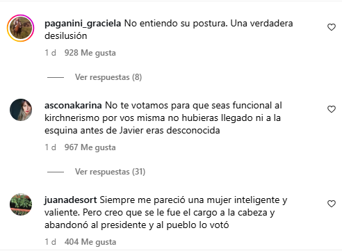 Comentarios de usuarios de Instagram en un posteo de Villarruel luego de validar la sesión en el Senado.