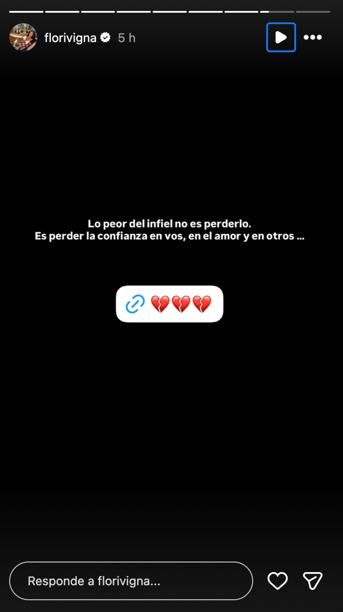 La publicación de Flor Vigna en Instagram en medio de la polémica al rededor de Luciano Castro y la actriz española Sarah Borrell. (Foto: captura de pantalla)