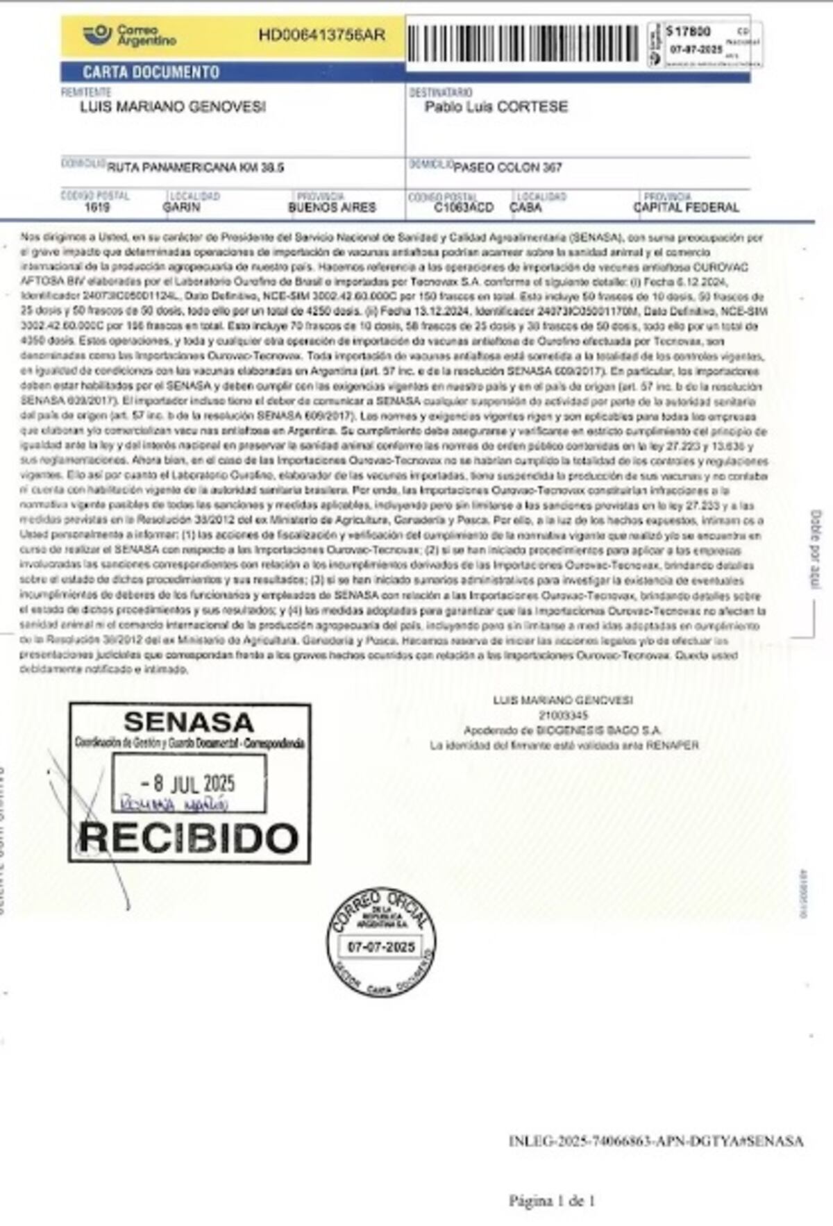 Carta documento del laboratorio Biogénesis Bagó a Pablo Cortese, saliente presidente del Senasa
