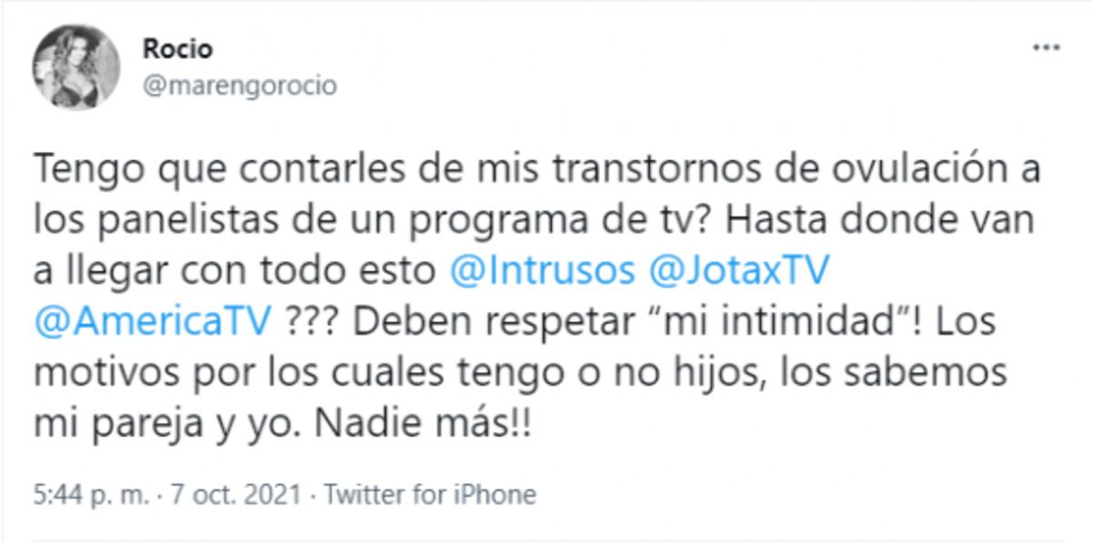 El descargo de Rocío Marengo contra Intrusos en Twitter