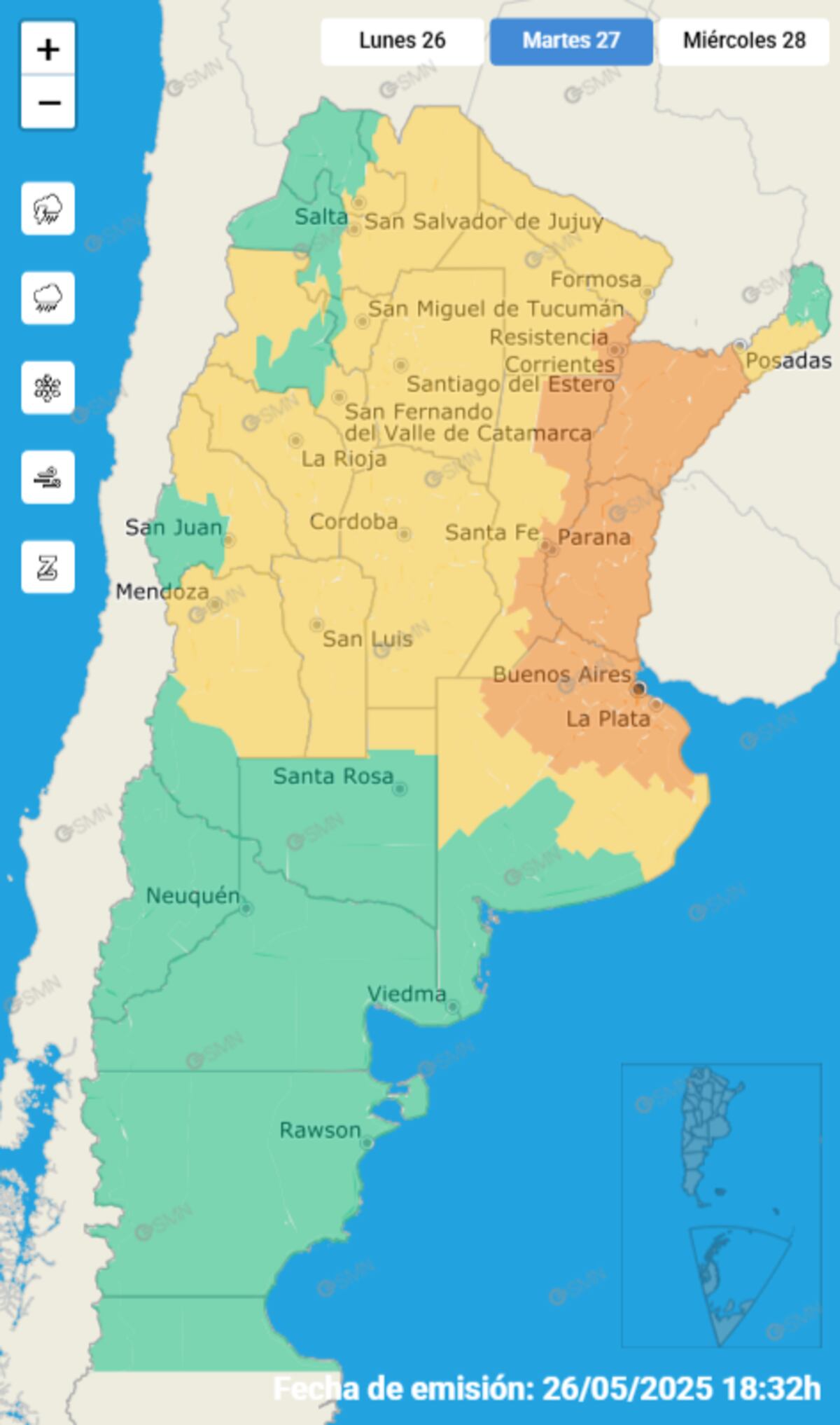 Clima. Alerta amarilla por viento para este martes 27 de mayo. (SMN)