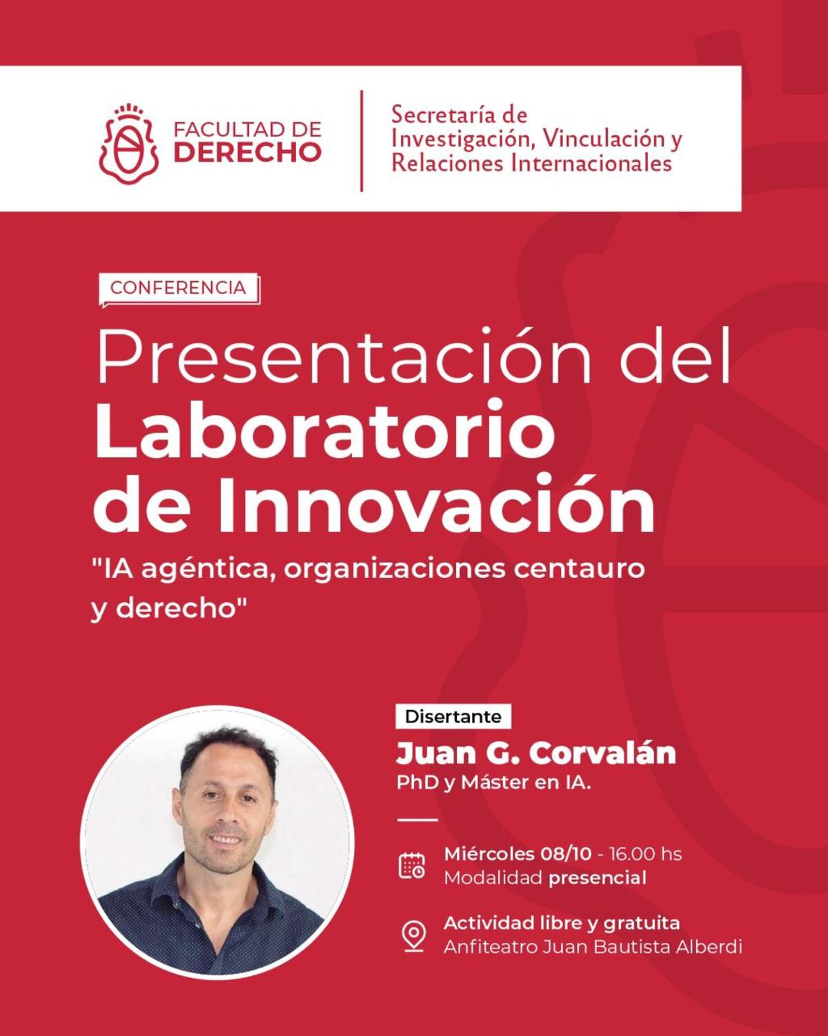 Juan Corvalán disertará en la Facultad de Derecho presentando un Laboratorio de Innovación (Gentileza).