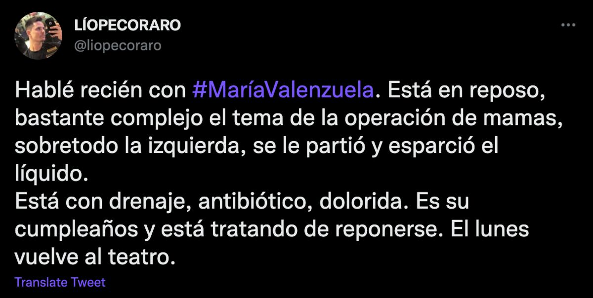 Lío Pecoraro habló de la salud de María Valenzuela tras ser operada de urgencia