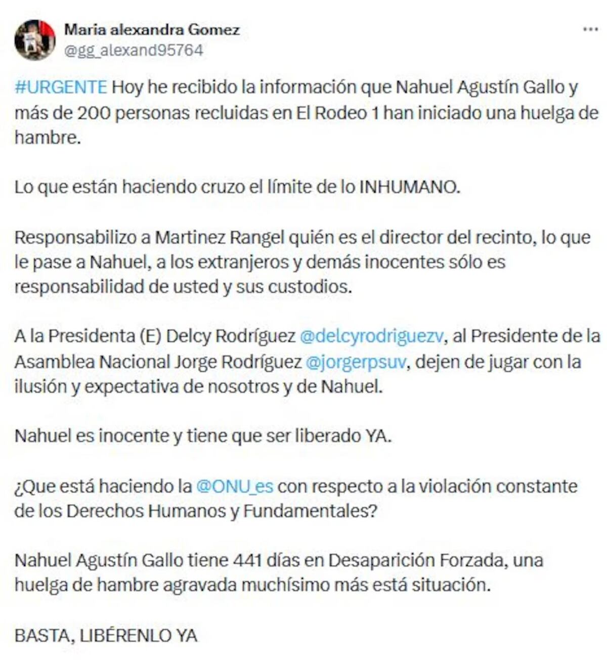 El posteo a través de redes sociales de María Alexandra Gomez, pareja de Nahuel Gallo.